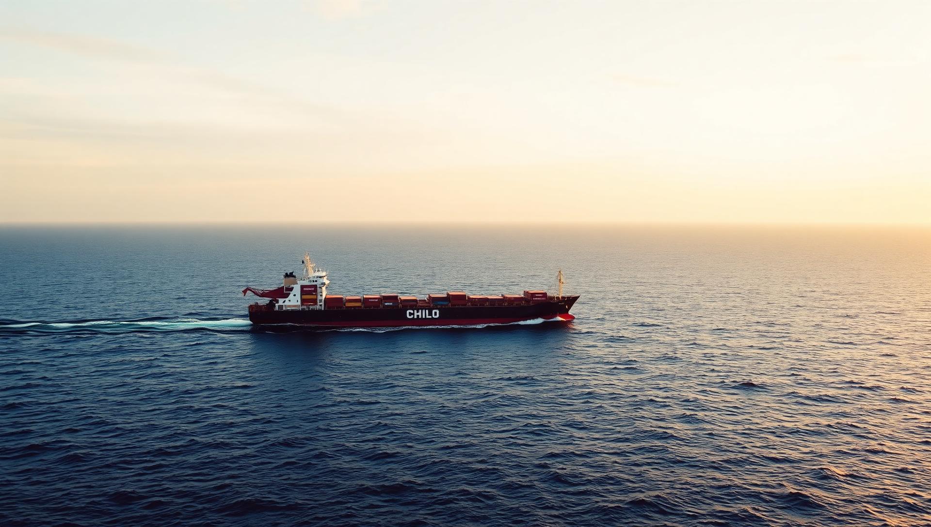 Cargo ship at sea at golden hour